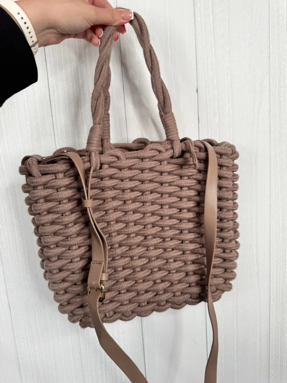 Zara Braided Rope Tote Bag in Taupe